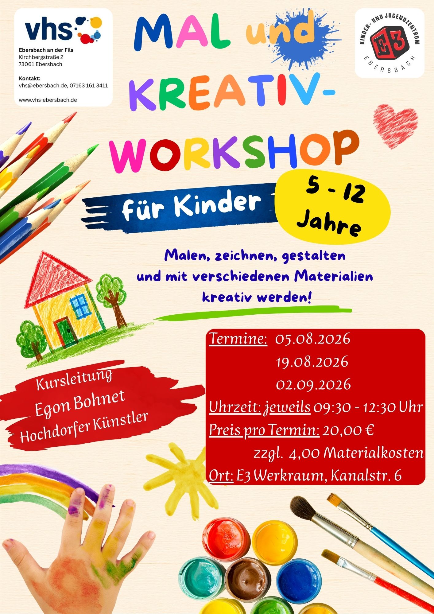 Der Workshop möchte Freude wecken, Schöpfertum, Selbstvertrauen und Intuition fördern. Wir malen kreativ und spielerisch mit vielen verschiedenen Farben (Acryl, Aquarell, Wasserfarben, Wachsmalkreiden, Farbstifte, auch mit den schön glänzenden Encausticfarben) und den verschiedensten Werkzeugen u. Techniken, wie z.B. Pinsel, Spachtel, Malerrolle, Finger, Schwämmchen, Styropor und Vieles mehr. Interessante Effekte werden erzielt. Natürlich darf auch gegenständlich gemalt und gezeichnet werden. Je nach Interesse und Entwicklungsstand werden grundlegende bildnerische Gestaltungsformen vermittelt.
Modellierpaste, Bastel- und Schmuckteilchen, Naturmaterialien u. Schiefer gibt’s auch. Mit der Maler-Acryl Pistole Formen auspressen macht besonderen Spaß.
Eigene Ideen dürfen eingebracht werden.

Der Kurs wird von dem erfahrenen Hochdorfer Künstler Egon Bohnet geleitet.