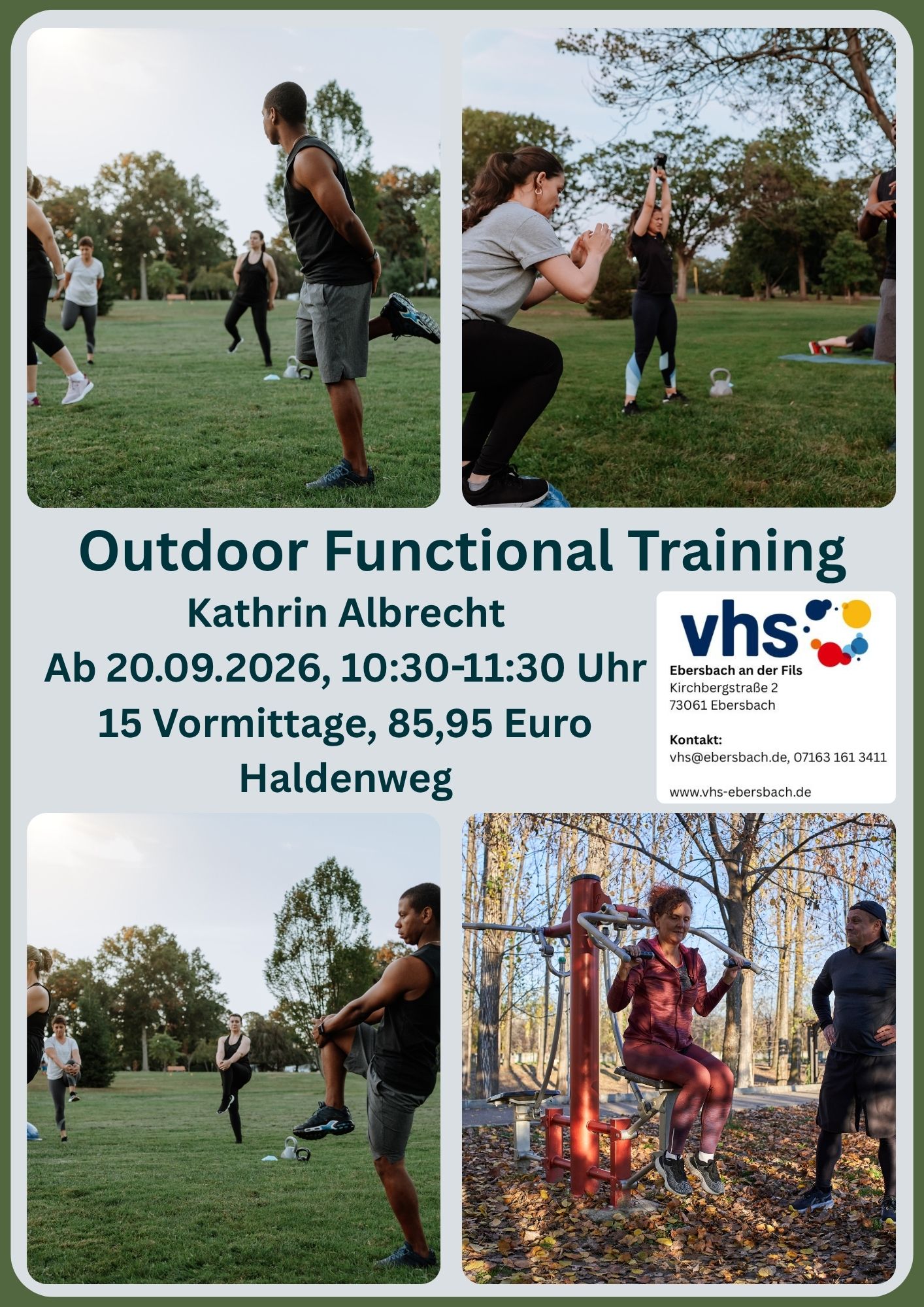 Outdoor Functional Training Frische Luft, tolle Energie und ein gemeinsames Ziel: Fit durch alle Jahreszeiten!!!
Funktionelle Übungen fördern deine Koordination und körpereigene Stabilität, helfen dir Beschwerden und Verletzungen vorzubeugen und machen deinen Körper fit für alle Funktionen, welche er im Alltag zu bewältigen hat, wie beispielsweise schwere Gegenstände mit geradem Rücken anzuheben.
Bewegung im Freien hebt deine Stimmung, stärkt dein Immunsystem, steigert deine Trainings-Effizienz durch den erhöhten Sauerstoffgehalt und verbessert bei Sonnenschein auch noch deinen Vitamin-D-Spiegel.
Und die Kombi daraus ist unschlagbar, ICH FREUE MICH AUF EUCH!
Geeignet für alle Trainingslevels, da bei den Übungen verschiedene Schwierigkeitsvarianten möglich sind.
