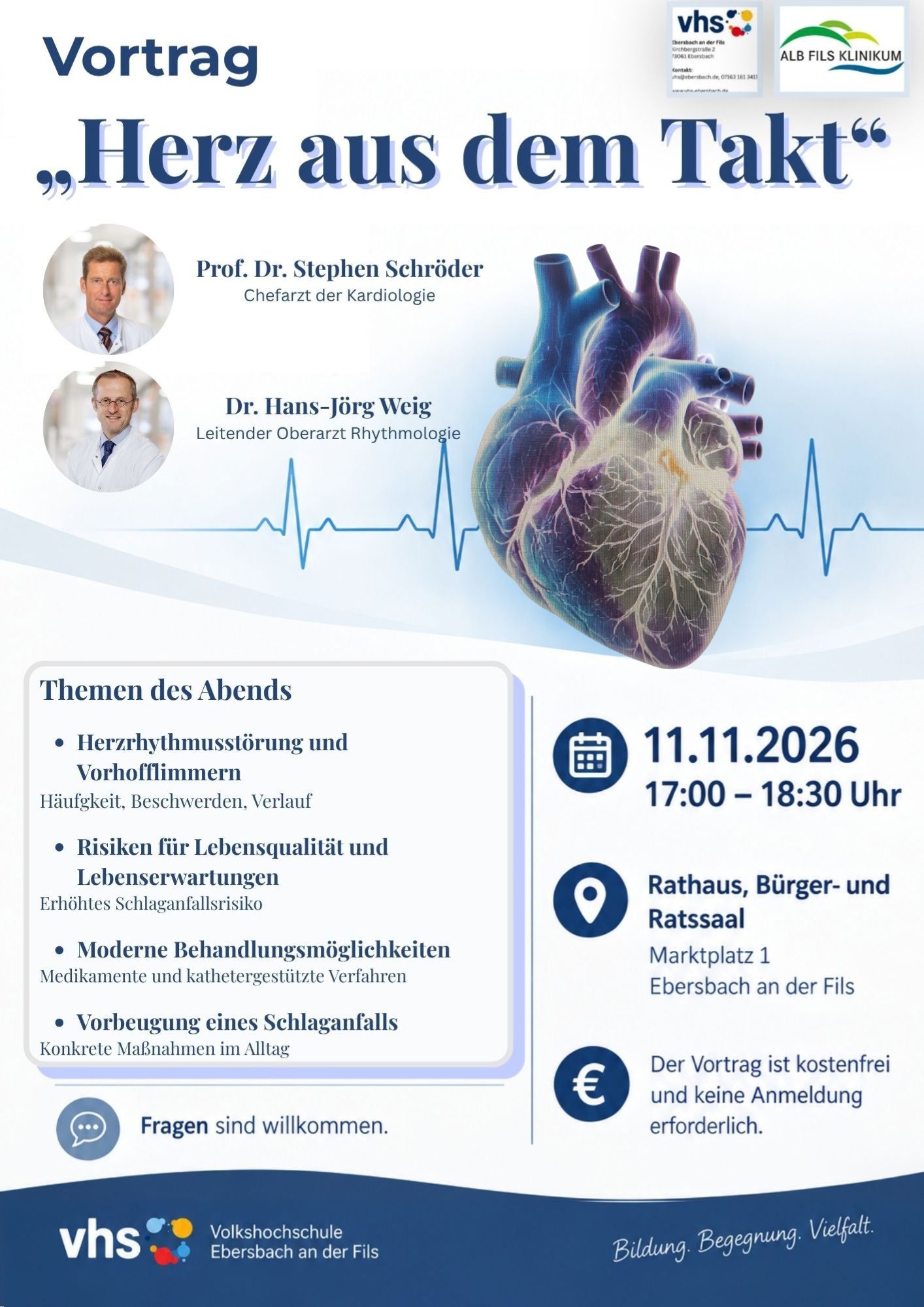 Vortrag "Herz aus dem Takt" Herzrhythmusstörungen gehören zu den häufigsten Herzerkrankungen. Besonders das Vorhofflimmern betrifft viele Menschen und beeinträchtigt die Lebensqualität, erhöht das Risiko für Schlaganfälle und beeinträchtigt die Lebenserwartung.
Es werden moderne Behandlungsmöglichkeiten vorgestellt – von Medikamenten bis hin zu kathetergestützten Behandlungsverfahren. Auch Maßnahmen zur Schlaganfallvorbeugung werden anschaulich dargestellt
Fragen sind willkommen. Die Veranstaltung ist kostenlos, eine Anmeldung ist nicht erforderlich.