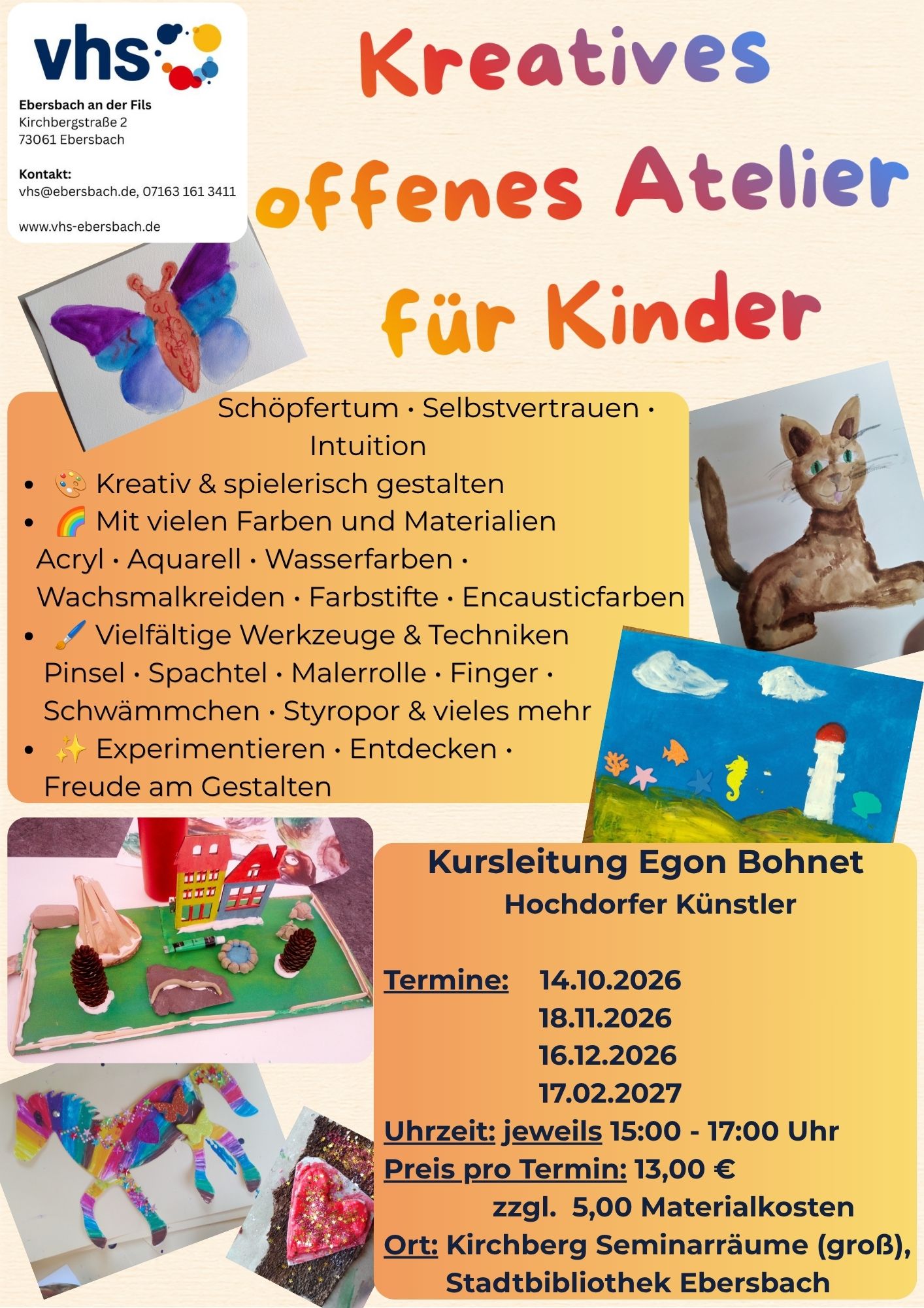 Kreatives offenes Atelier für Kinder Das offene Atelier soll Freude am kreativen Tun in jeglicher Richtung wecken.
Schöpfertum, Selbstvertrauen und Intuition fördern. Wir malen kreativ und spielerisch mit vielen verschiedenen Farben (Acryl, Aquarell, Wasserfarben, Wachsmalkreiden, Farbstifte, auch mit den schön glänzenden Encausticfarben) und den verschiedensten Werkzeugen u. Techniken, wie z.B. Pinsel, Spachtel, Malerrolle, Finger, Schwämmchen, Styropor und Vieles mehr. Interessante Effekte werden erzielt. Auf Wunsch und je nach Interesse und Entwicklungsstand werden auch traditionelle Maltechniken und Zeichen- vermittelt.
Modellierpaste, Bastel- und Schmuckteilchen, Naturmaterialien u. Schiefer gibt’s auch. Mit der Maler-Acryl Pistole Formen auspressen macht besonderen Spaß. Mal einen Speckstein schleifen oder eine eigen Tasse anmalen- und und.....
Eigene Ideen dürfen eingebracht werden.