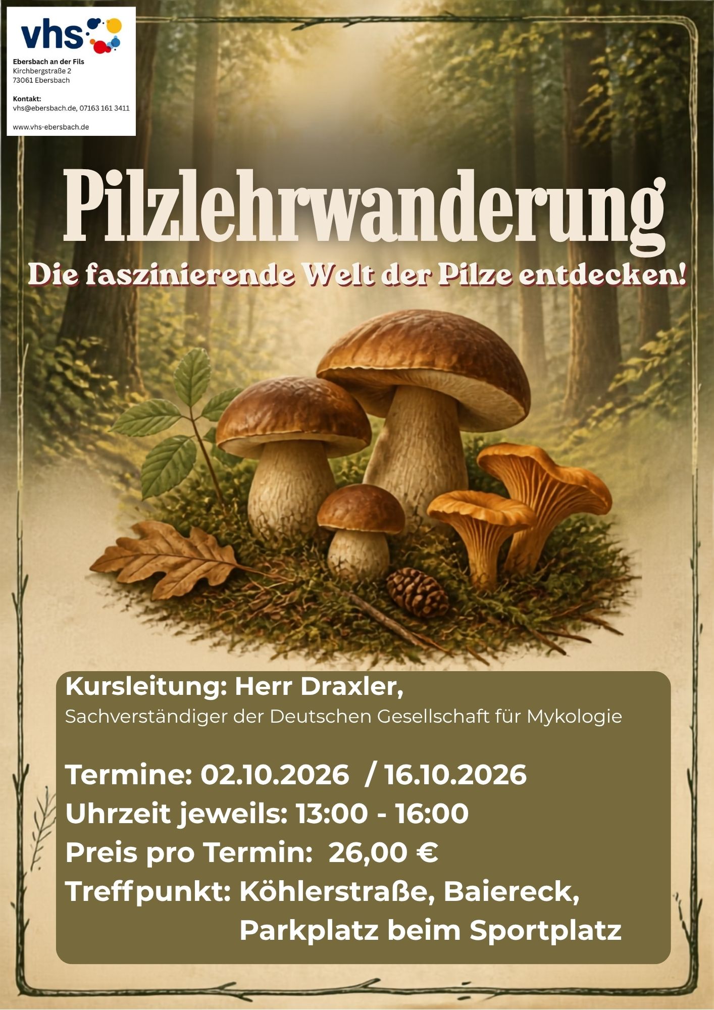 Pilze richtig sammeln Pilze richtig sammeln.
Sie werden von Herrn Draxler, Pilzsachverständiger der DGfM, begrüßt und bei einem Spaziergang durch ein Waldstück ausführlich über essbare und nicht essbare Pilze informiert. Es wird auch genau erklärt, auf was man beim Sammeln achten soll. Auch die Giftpilze werden erklärt ebenso mögliche giftige Doppelgänger. Die Pilzwanderung findet bei jedem Wetter statt, außer bei starkem Wind. Wettergerechte Kleidung ist obligatorisch.
Es kann jedoch keine Garantie gegeben werden, dass es ausreichend Speisepilze geben wird. Pilze brauchen Feuchtigkeit und die kann man nicht voraussehen. Jede Menge Pilzwissen werden Sie auf jeden Fall mitnehmen, sodass sich die Teilnahme an der Pilzführung auf jeden Fall lohnen wird.